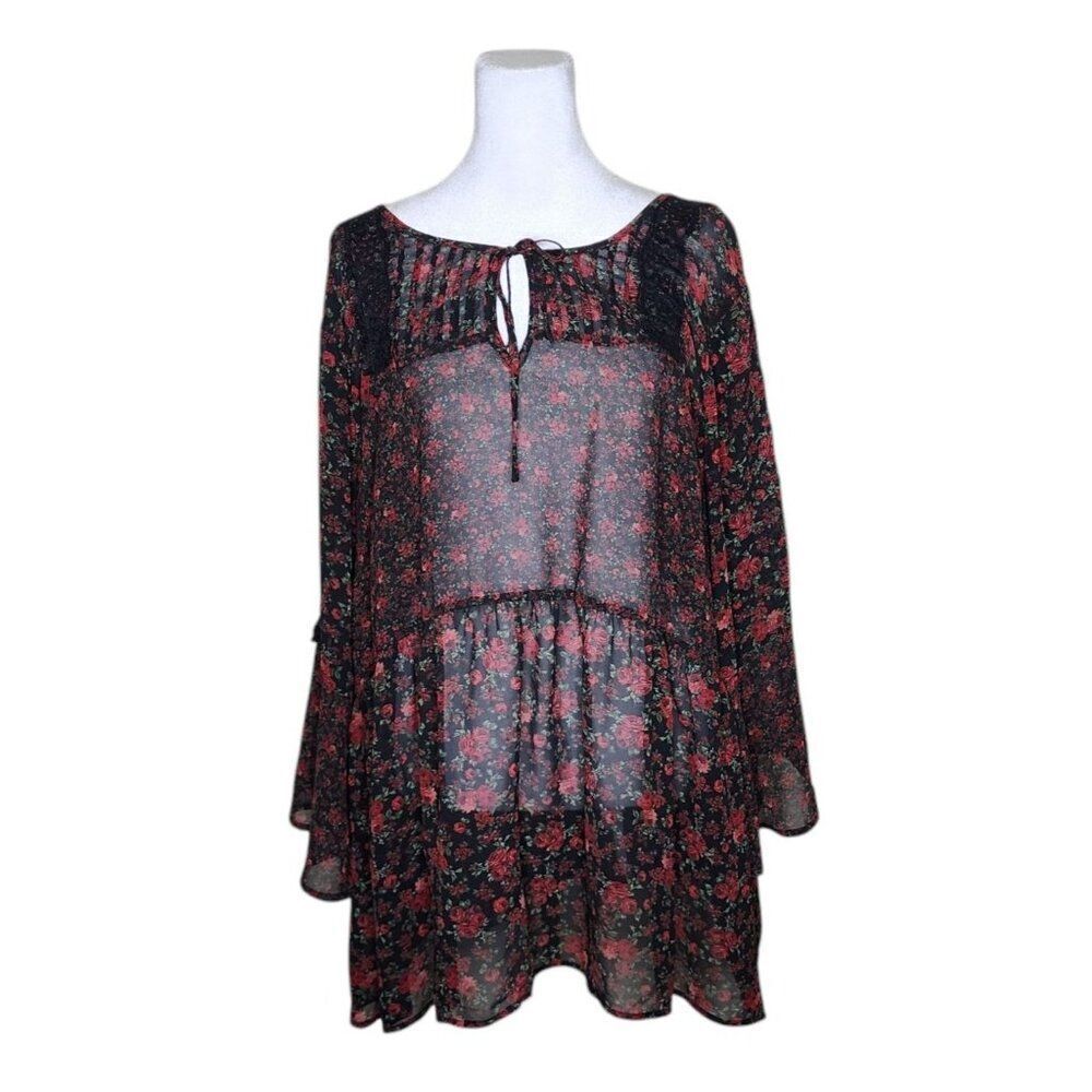 Torrid Lace Trimmed Bell Sleeve Roses Sheer Peasant Blouse Womens Size 3 Black